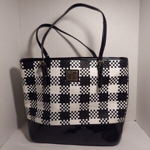 Anne Klein Shoulder Bag Black White Herringbone Textile Patent Leather Purse